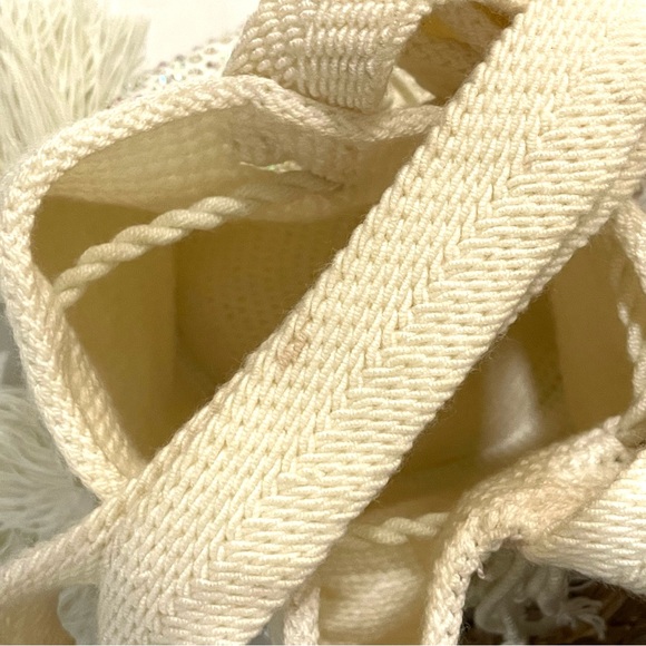 Artisan Boho Crochet Macrame Drawstring Ivory Bag with Tassels and Rhinestones - Picture 5 of 12